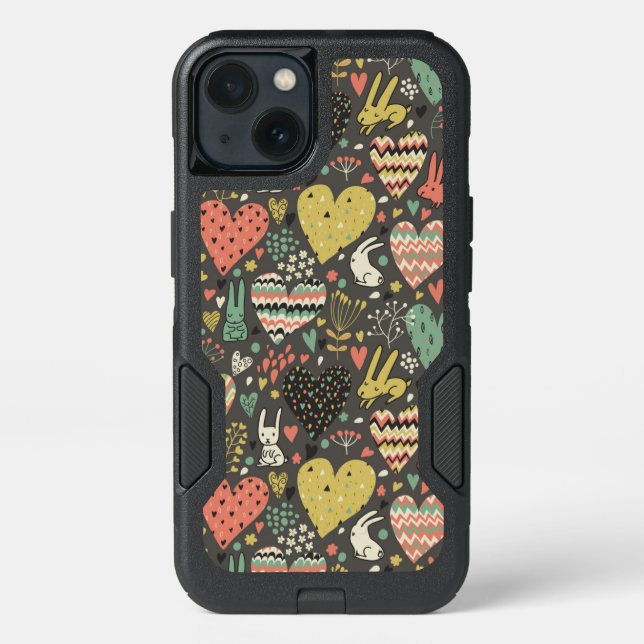 Cute love bunnies pattern with hearts otterbox iPhone case (Back)