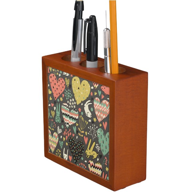 Cute love bunnies pattern with hearts pencil holder (In Situ)