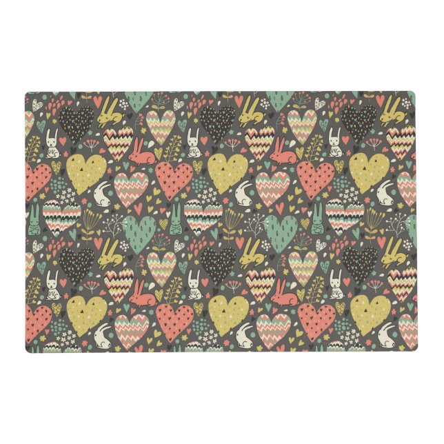 Cute love bunnies pattern with hearts placemat (Front)