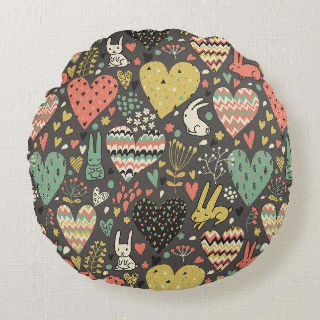 Cute love bunnies pattern with hearts round pillow (Front)