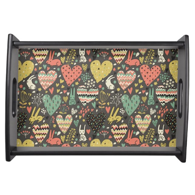 Cute love bunnies pattern with hearts serving tray (Front)