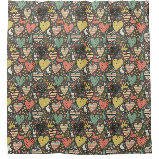 Cute love bunnies pattern with hearts shower curtain (Front)