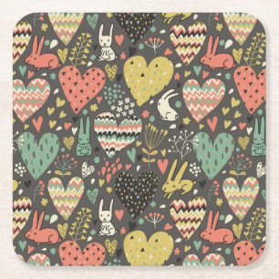 Cute love bunnies pattern with hearts square paper coaster