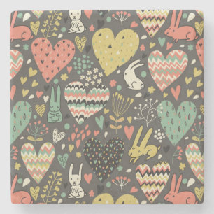 Cute love bunnies pattern with hearts stone coaster