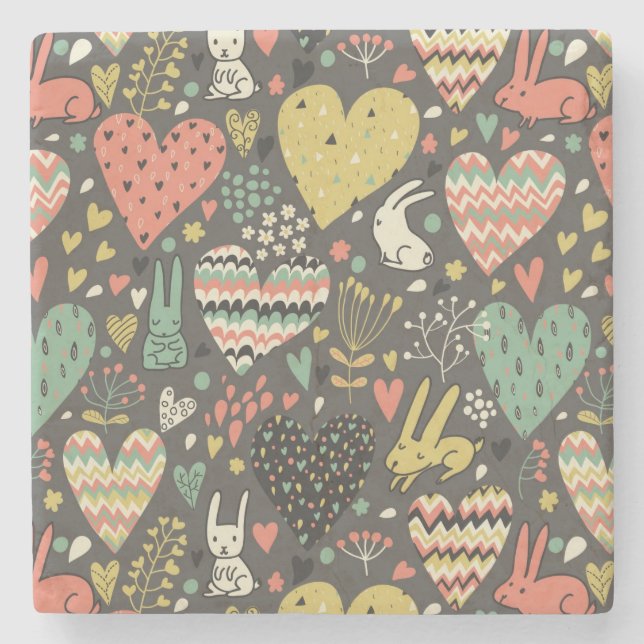 Cute love bunnies pattern with hearts stone coaster (Front)