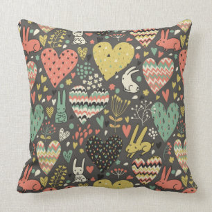 Cute love bunnies pattern with hearts throw pillow
