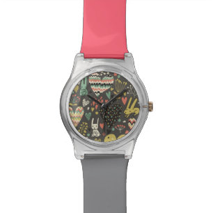 Cute love bunnies pattern with hearts watch