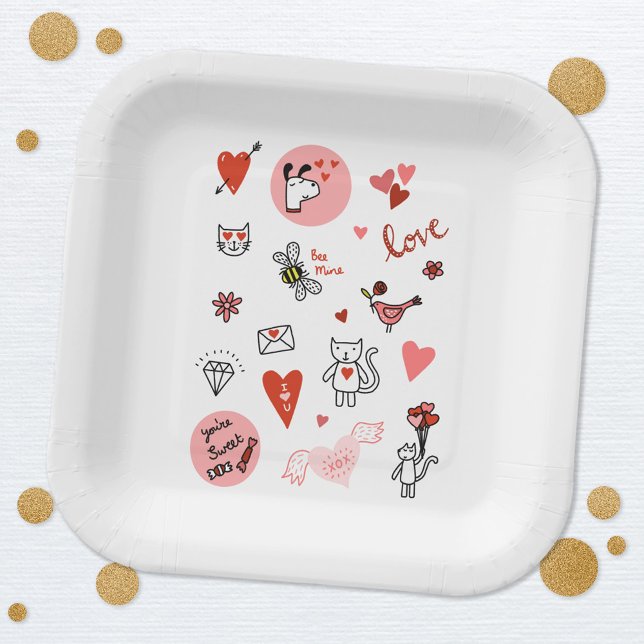 Cute Love Cartoon Paper Plates (Cute love themed paper party plates for Valentines Day, engagement, wedding and celebrations)
