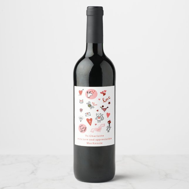 Cute Love Cartoon Personalized Wine Label (Front)