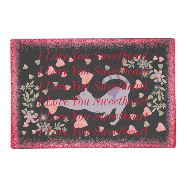 Cute Love Cat Pink Red Heart Modern Valentines Day Placemat (Front)