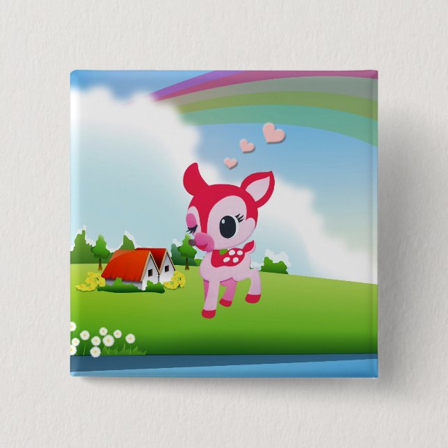 Cute Love Deer Fawn with Rainbow Country Scene Pinback Button (Front)