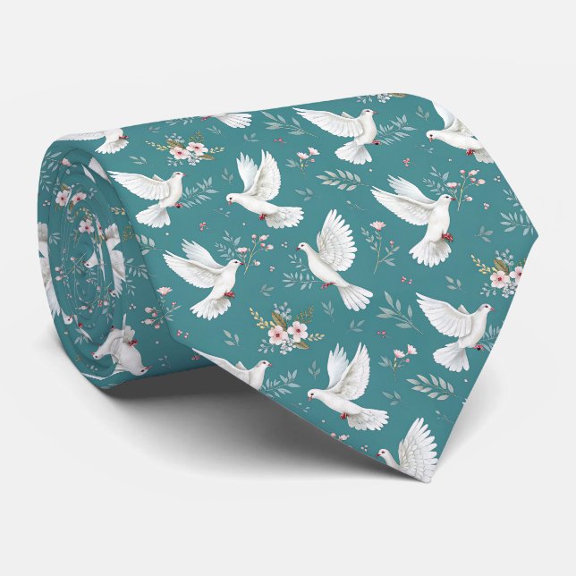 Cute love doves flower pattern wedding neck tie (Rolled)