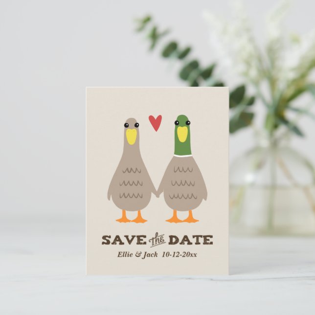 Cute Love Ducks Wedding Save the Date Announcement Postcard (Standing Front)