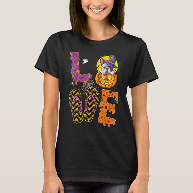 Cute Love French Bulldog Halloween Pumpkin Dog Mom T-Shirt (Front)