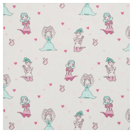 Cute Love Girls Pink Teal Whimsical Cartoon Fabric