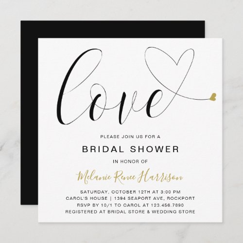 Cute Love Gold Heart Modern Bridal Shower Invitation