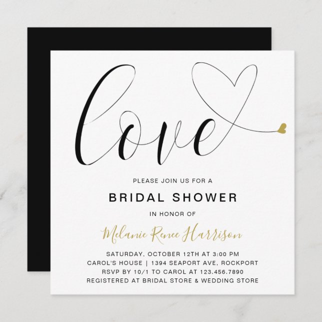 Cute Love Gold Heart Modern Bridal Shower Invitation (Front/Back)