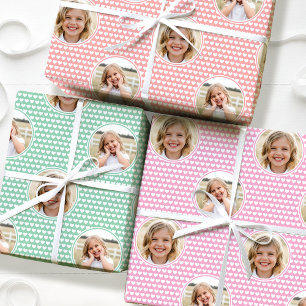Cute Love Heart 2 Photo Pink Mint Green Set of 3 Wrapping Paper Sheets
