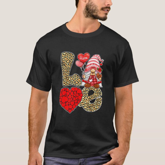 Cute Love Heart Gnome Leopard Cheetah Print Valent T-Shirt (Front)