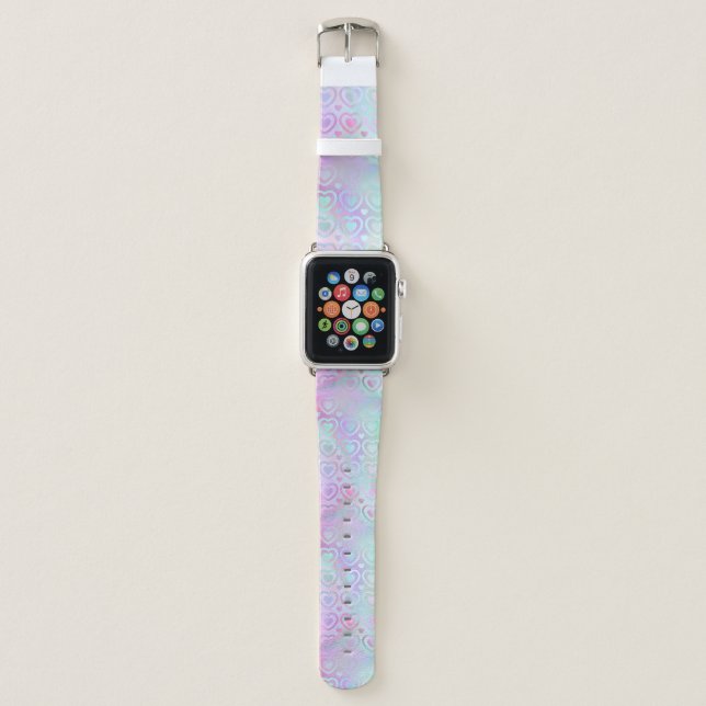 Cute Love Heart Holographic Iridescent Modern Apple Watch Band (Front)