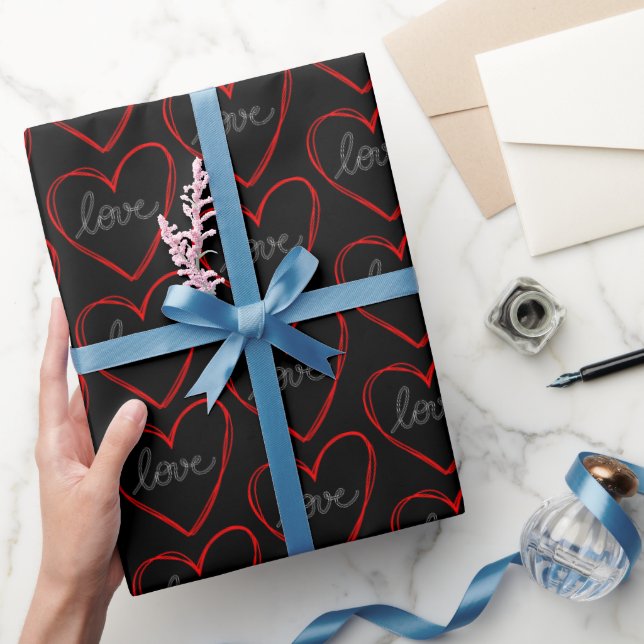 Cute love heart pattern on black background wrapping paper (Gifting)