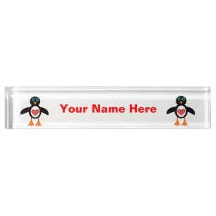 Cute Love Heart Penguin Custom Desk Nameplate