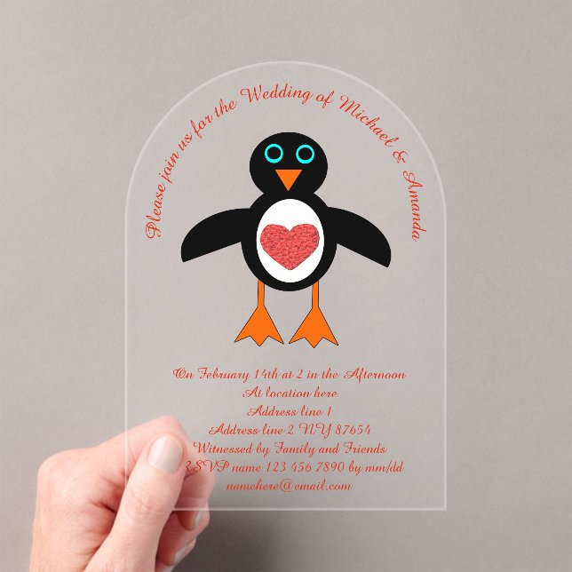 Cute Love Heart Penguin Custom Wedding Acrylic Invitations (Insitu (Handheld))