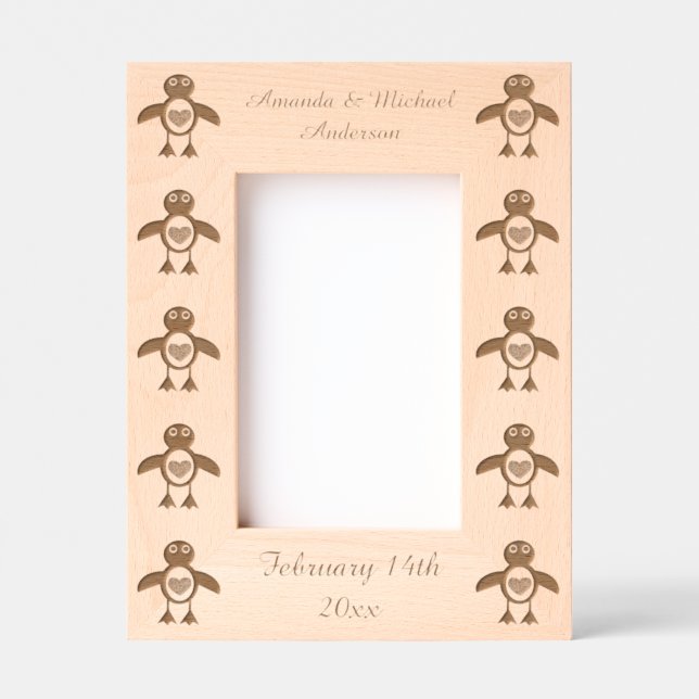Cute Love Heart Penguin Custom Wedding Engraved Frames (Front)