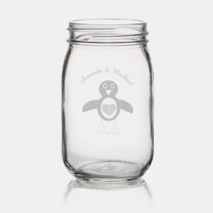 Cute Love Heart Penguin Custom Wedding Mason Jar