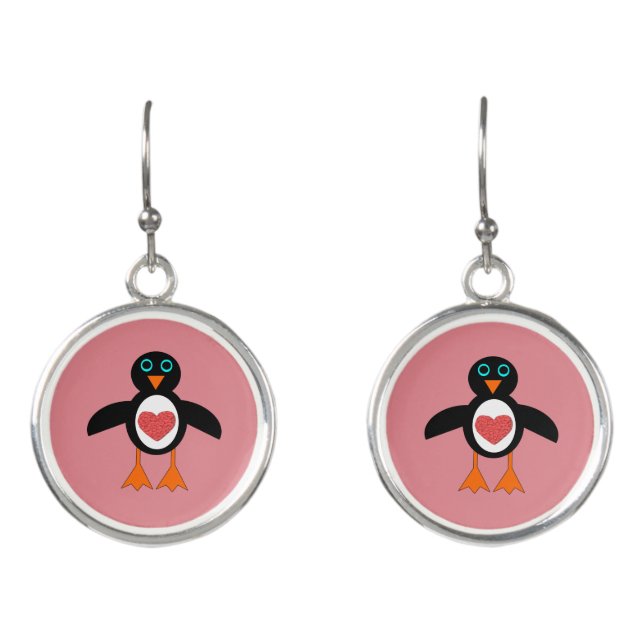 Cute Love Heart Penguin Drop Earrings (Front)