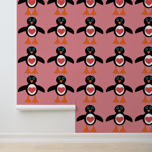 Cute Love Heart Penguin Patterned Wallpaper (Application)