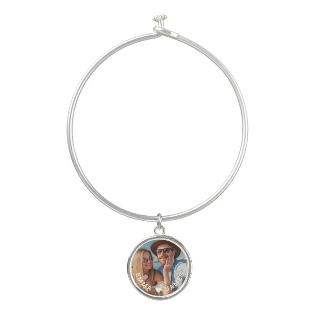 Cute Love Heart Photo Couples Personalized Names Bangle Bracelet (Front)
