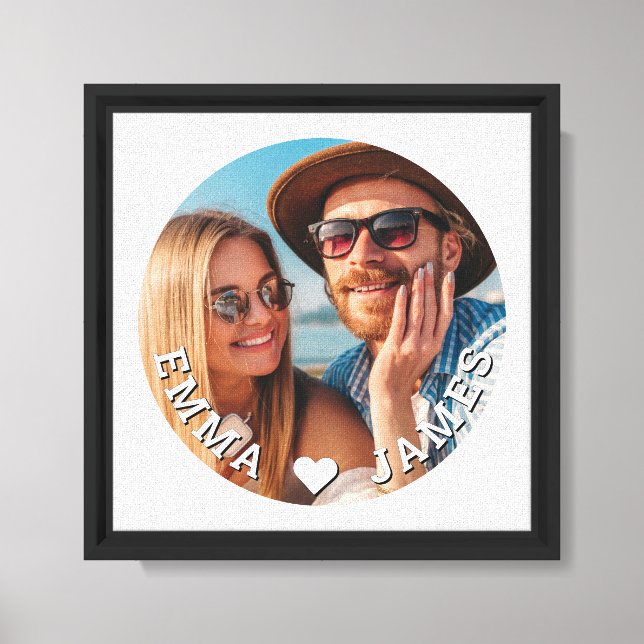 Cute Love Heart Photo Couples Personalized Names Canvas Print (Front)