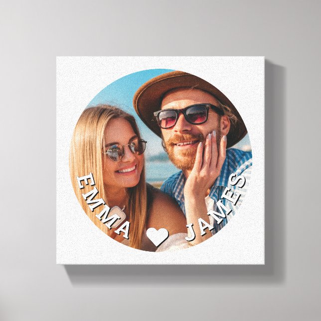 Cute Love Heart Photo Couples Personalized Names Canvas Print (Front)