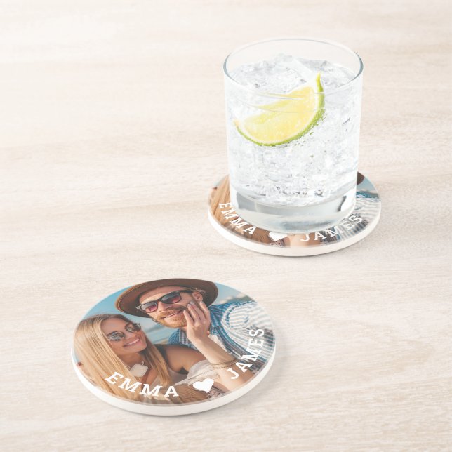 Cute Love Heart Photo Couples Personalized Names Coaster (Side)