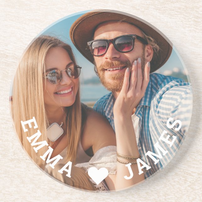 Cute Love Heart Photo Couples Personalized Names Coaster (Front)