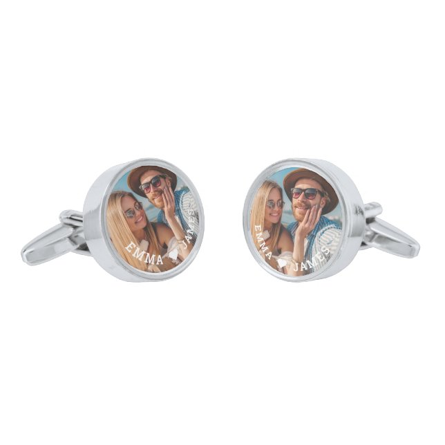 Cute Love Heart Photo Couples Personalized Names Cufflinks (Angled)