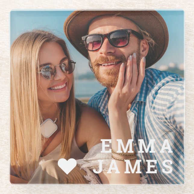 Cute Love Heart Photo Couples Personalized Names Glass Coaster (Front)