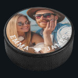 Cute Love Heart Photo Couples Personalized Names Hockey Puck<br><div class="desc">Cute Love Heart Photo Couples Personalized Names Hockey Pucks features your favorite photo with a love heart and personalized with your names in modern white script. Personalize by editing the text in the text box provided and adding your own picture. Perfect gifts for couples, girlfriend, wife, sweetheart and more for...</div>
