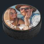 Cute Love Heart Photo Couples Personalized Names Hockey Puck<br><div class="desc">Cute Love Heart Photo Couples Personalized Names Hockey Pucks features your favorite photo with a love heart and personalized with your names in modern white script. Personalize by editing the text in the text box provided and adding your own picture. Perfect gifts for couples, girlfriend, wife, sweetheart and more for...</div>