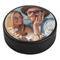 Cute Love Heart Photo Couples Personalized Names Hockey Puck
