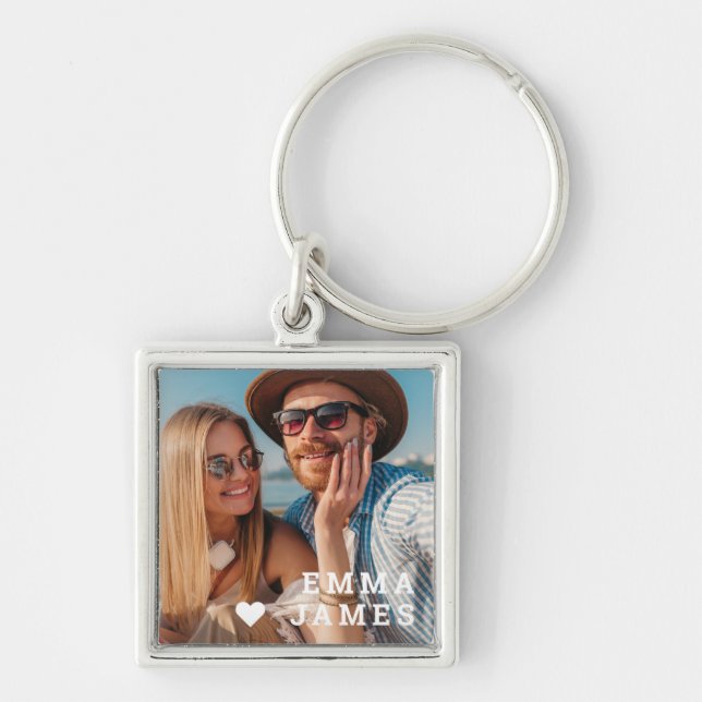 Cute Love Heart Photo Couples Personalized Names Keychain (Front)