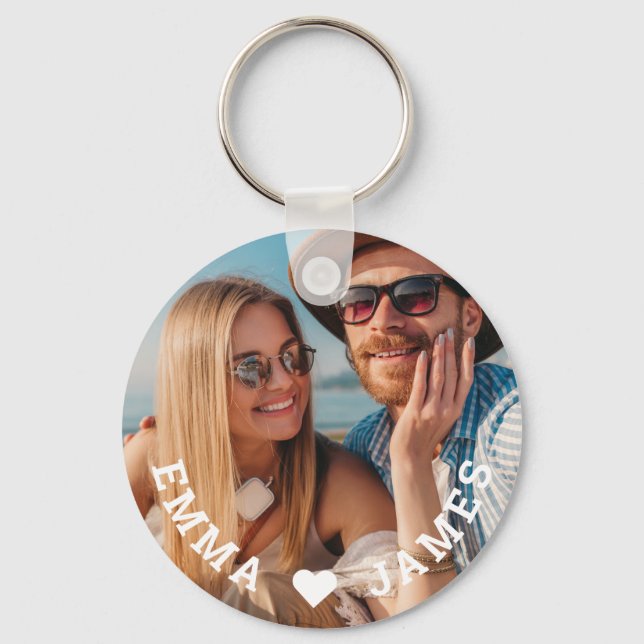 Cute Love Heart Photo Couples Personalized Names Keychain (Front)