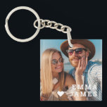 Cute Love Heart Photo Couples Personalized Names Keychain<br><div class="desc">Cute Love Heart Photo Couples Personalized Names Keychain features your favorite photo with a love heart and personalized with your names in modern white script. Personalize by editing the text in the text box provided and adding your own picture. Perfect gifts for couples, girlfriend, wife, sweetheart and more for birthday,...</div>