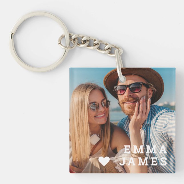 Cute Love Heart Photo Couples Personalized Names Keychain (Front)