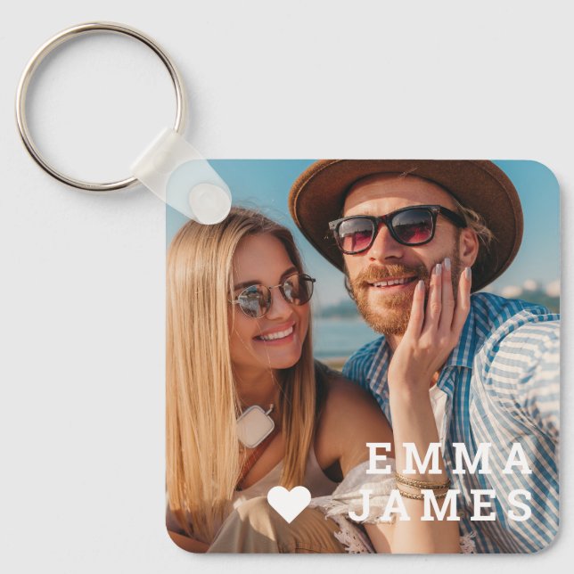 Cute Love Heart Photo Couples Personalized Names Keychain (Front)