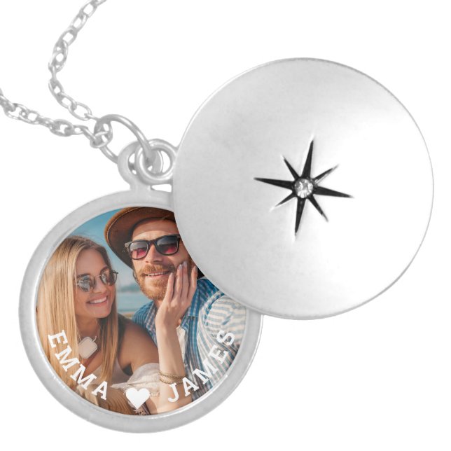 Cute Love Heart Photo Couples Personalized Names Locket Necklace (Front)