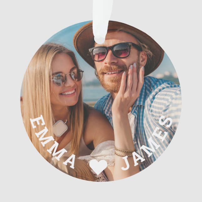 Cute Love Heart Photo Couples Personalized Names Ornament (Front)