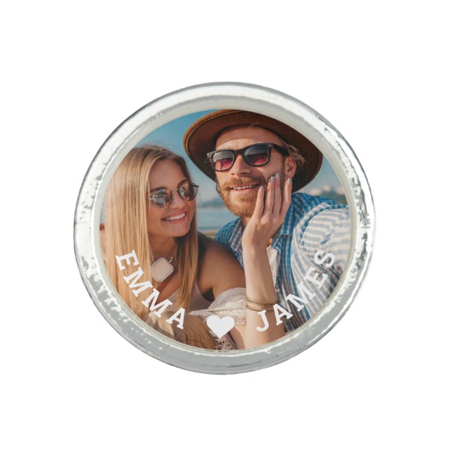 Cute Love Heart Photo Couples Personalized Names Ring (Front)