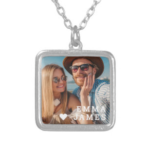 Cute Love Heart Photo Couples Personalized Names Silver Plated Necklace